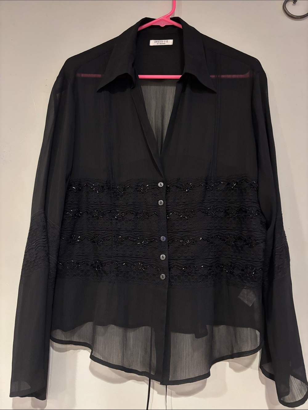 Sheer Embellished Button-Front Women’s Top - Black